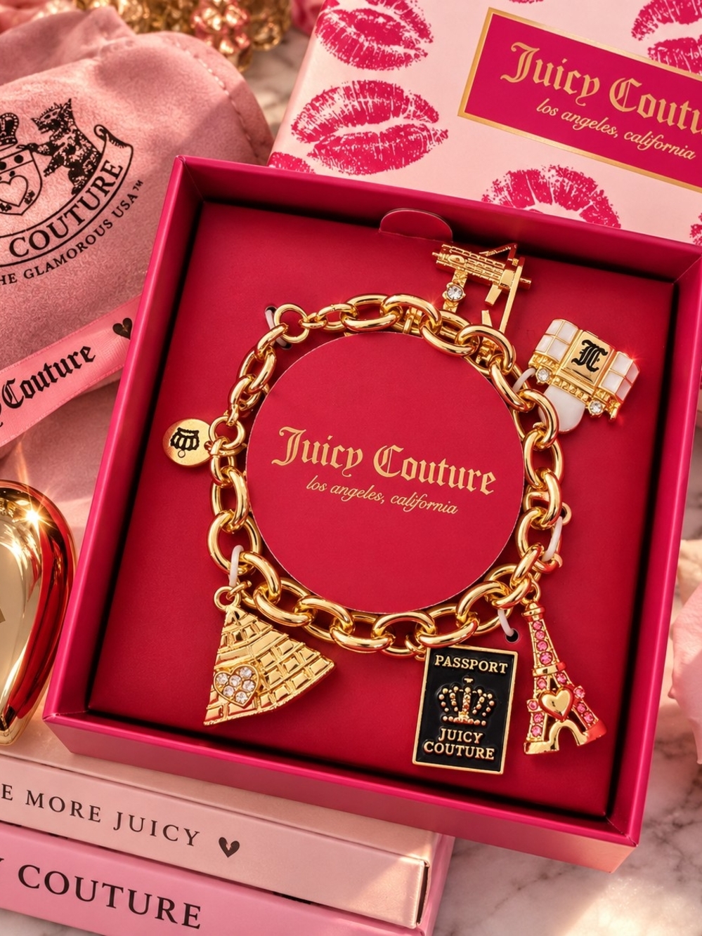 Juicy Couture Y2K Charm Bracelet Gold Tone NWT Original Box